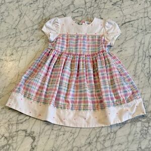 Girls' Vintage Pastel Plaid Cotton Dress with Puff Sleeves 4T Polka
